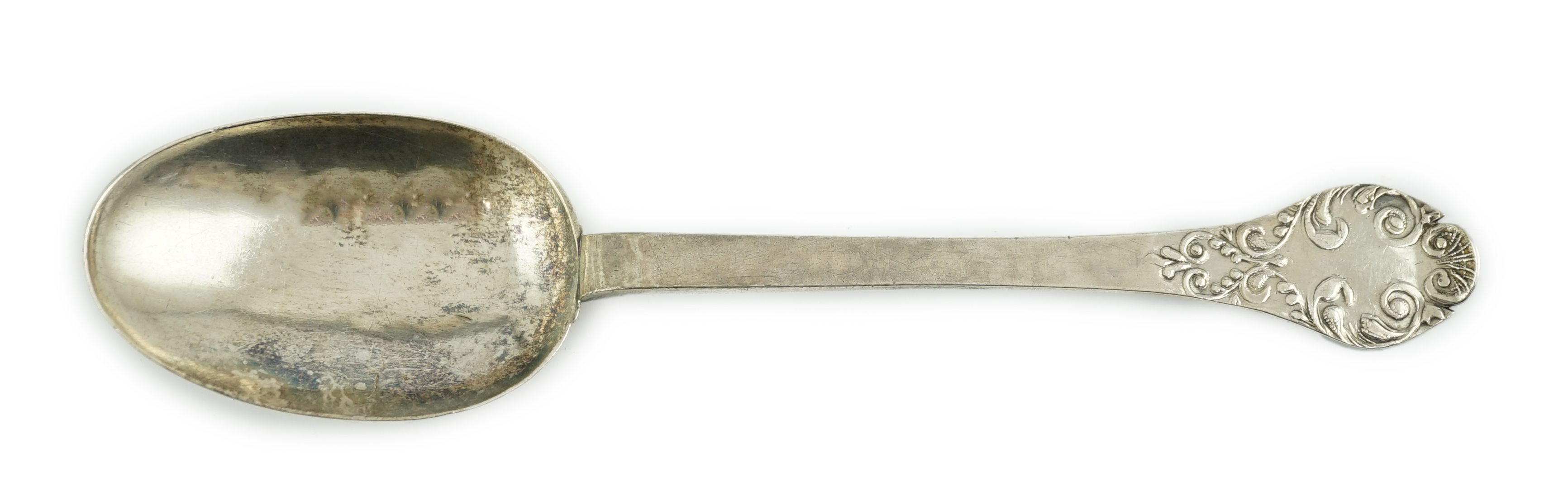 A James II silver trefid spoon, maker ?H beneath a crown